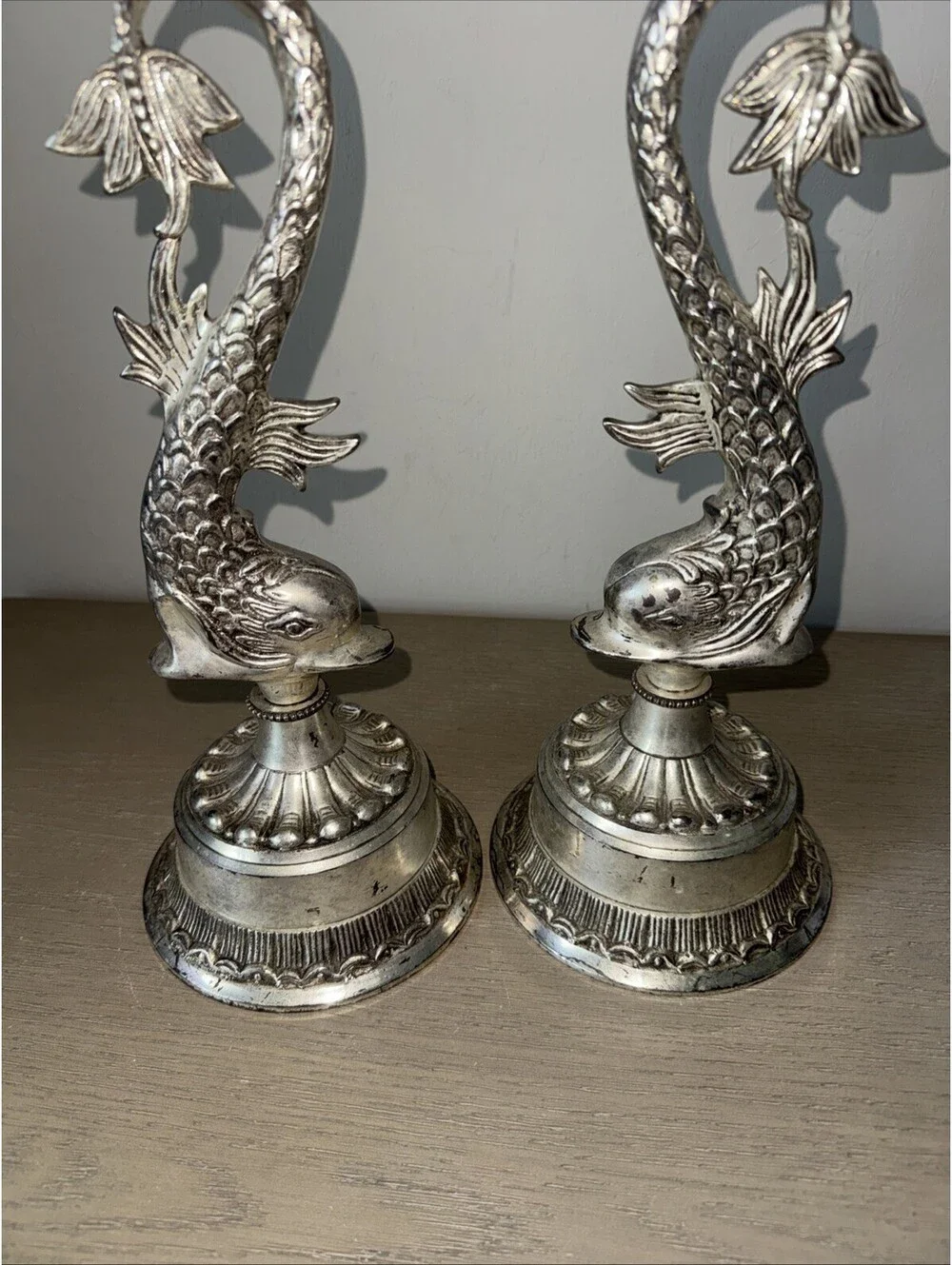Hollywood Regency Style Silver Plated Dolphin Koi Fish Tall Candle Holders 16 in